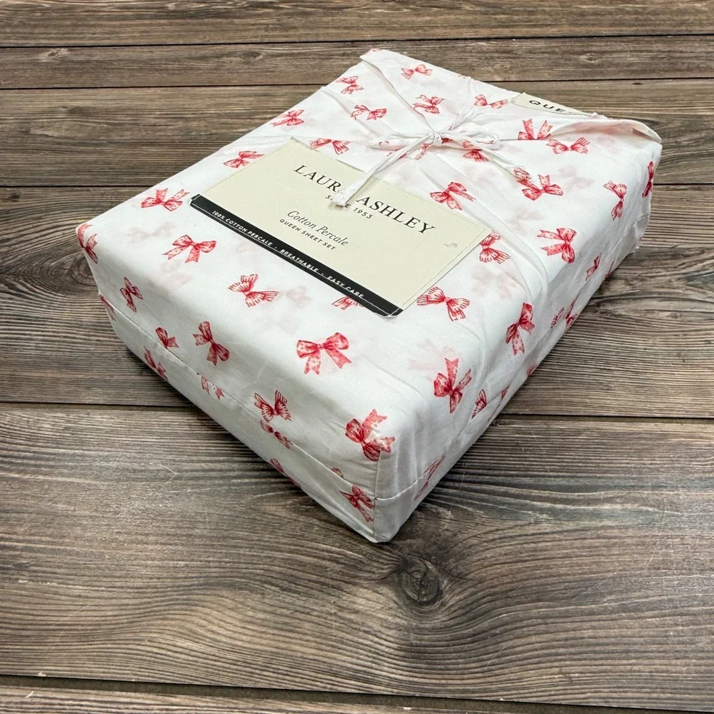 Laura Ashley Queen Sheet Set Cotton Percale‎ Bouncy Bows Red White 4pc A0007047
